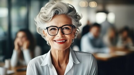 Senior woman leading a modern office meeting, Older Business Owners, Leading in Modern Markets.