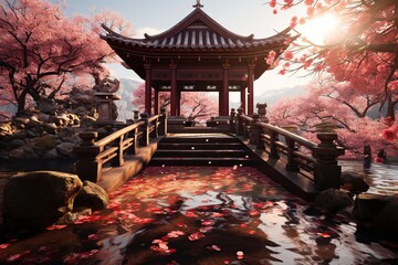 A tranquil Shinto shrine in Japan surrounded by cherry blossoms.Generated with AI - obrazy, fototapety, plakaty