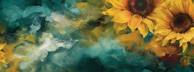 Fotobehang gold and sunflowers in the same glass print wallpaper, in the style of fluid abstraction. © JKLoma