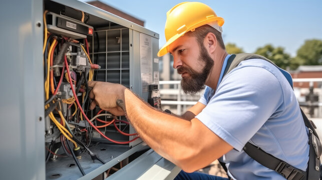 Technician Working On Air Conditioning Outdoor Unit, Repairing Air Conditioner.