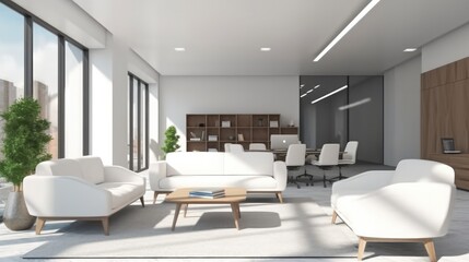 Naklejka na ściany i meble White and wood lounge with white sofas in fashionable office.