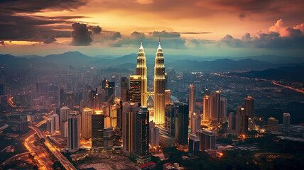 Obraz premium Kuala lumpur city skyline at dusk, Kuala lumpur Malaysia, generative ai