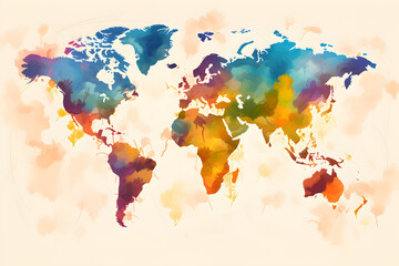 world map in a colourful abstract painterly art style on white backrground