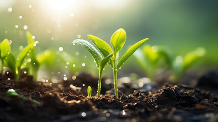photograph of young plants growing up on ground with raining drop, save world and green green environment concept.