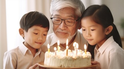 Obraz na płótnie Canvas A happy grandpa celebrates a birthday with his grandkids and a cake with candles in a studio. Generative AI