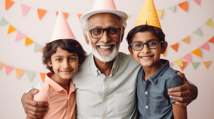 A loving grandpa shares a birthday moment with grandkids in a studio. Generative AI