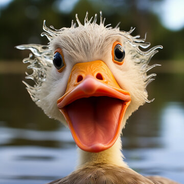 close up of a ostrich or duck, crazy surprised duck
