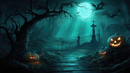 halloween pumpkins and bats under the moonlight. dark night forest full moon. graveyard silhouette halloween abstract background