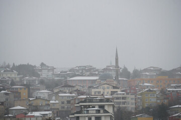 top view of Snowfall on buildings in istanbul city 