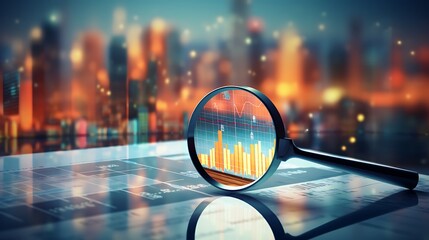 magnifier office analyzing and checking finance graphs background. AI generative - obrazy, fototapety, plakaty