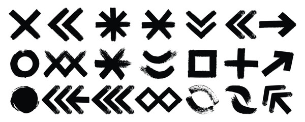 Collection brush hand drawn various geometric shapes. Seamless fabric texture. Hand drawn decorative seamless pattern. Bold brush drawn circles, asterisk, infinity signs, square, and triangle element.