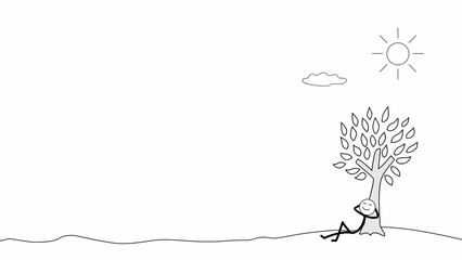 stick man is relaxing enjoying his beautiful day under the tree nice weather in retirement