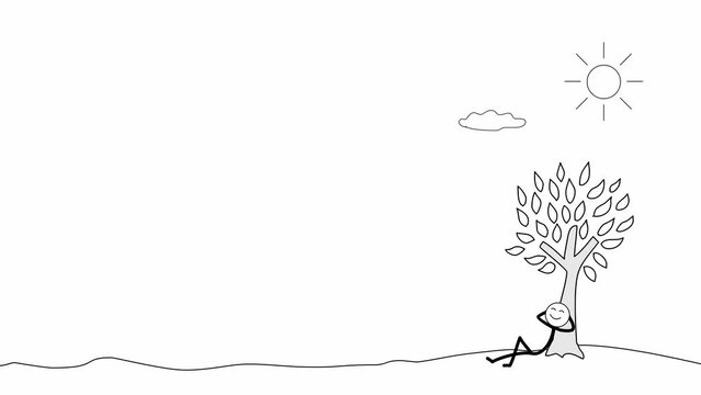 stick man is relaxing enjoying his beautiful day under the tree nice weather in retirement