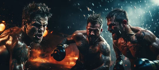 Keuken spatwand met foto Boxing: Two fighters exchange blows in the center of a boxing ring, under the spotlight's glare. Generated with AI © Chanwit