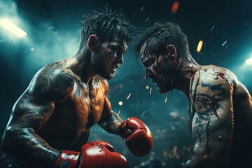 Fototapeta na wymiar Boxing: Two fighters exchange blows in the center of a boxing ring, under the spotlight's glare. Generated with AI