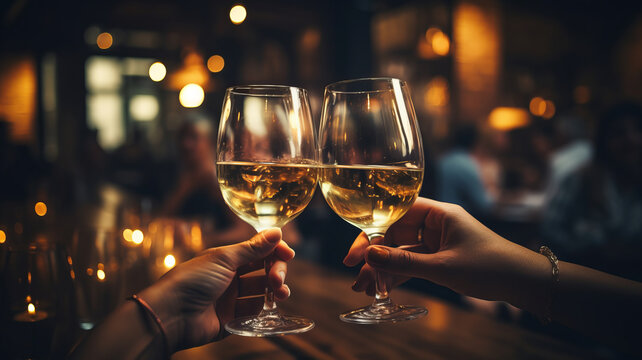 close up hands friends toasting white wine at dinner party in restaurant.generative ai