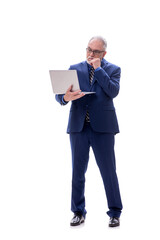 Old businessman holding laptop isolated on white