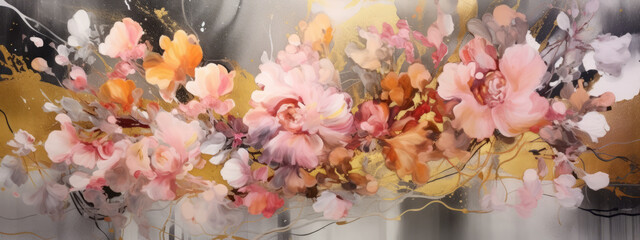 gold and pink flowers in the same glass print wallpaper, in the style of fluid abstraction.