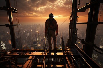 Construction Worker on Skyscraper: A construction worker balances on a high beam, overseeing a towering skyscraper project.Generated with AI - obrazy, fototapety, plakaty