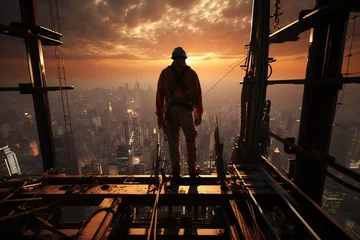 Foto op Plexiglas Construction Worker on Skyscraper: A construction worker balances on a high beam, overseeing a towering skyscraper project.Generated with AI © Chanwit