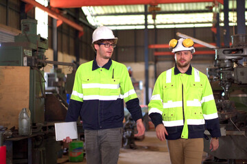 Mechanical or robotic software engineers working together on a robotic arm in modern manufacturing factory. Engineer team successes their project.