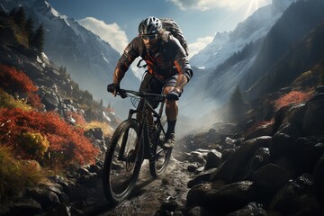 Riding bicycle on beautiful mountain trail in morning, cyclist on sports bike, Generated with AI - obrazy, fototapety, plakaty