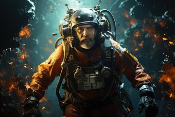 Fototapeta premium Deep-Sea Diver: A deep-sea diver explores the ocean's depths, surrounded by the mysteries of the underwater world.Generated with AI