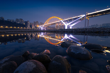 Caiyuanba Yangtze River Bridge, night view of the bridge in Chongqing, long exposure photography,...