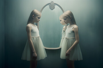 twin girls and mirror, surreal photography, soft bright colours, foggy environment