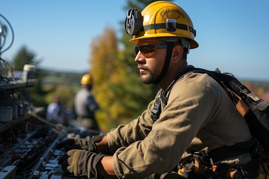 High-Voltage Power Line Technician: A technician works on power lines at great heights, ensuring electricity supply.Generated with AI