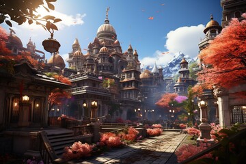 Hindu temple with devotees performing rituals amidst colorful decorations.Generated with AI