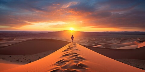 Solo adventure. Chasing sun. Hiking across golden sands. Desert dreams. Journey through sahara dunes - obrazy, fototapety, plakaty