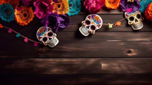 Cookies and colourful paper flowers for Mexico's Day of the Dead (El Dia de Muertos) on brwon wooden background.  
