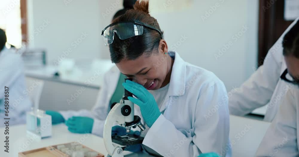 Poster Teaching, science and students in laboratory with microscope for learning, lesson and practical. Chemistry, school and teacher with equipment for sample study, biology and research at university