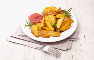 fried potatoes with tomato sauce and rosemary- baked potato wedges