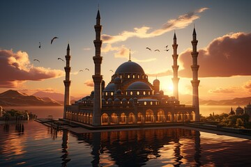 majestic mosque with a stunning minaret against a sunset backdrop.Generated with AI - obrazy, fototapety, plakaty