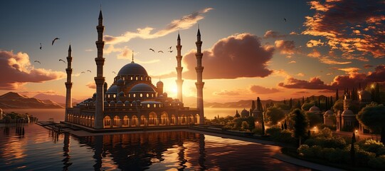 majestic mosque with a stunning minaret against a sunset backdrop.Generated with AI - obrazy, fototapety, plakaty