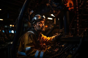 Fototapeta na wymiar Oil Rig Worker: An oil rig worker operates heavy machinery on a remote and hazardous offshore platform.Generated with AI