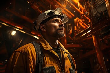 Fototapeta premium Oil Rig Worker: An oil rig worker operates heavy machinery on a remote and hazardous offshore platform.Generated with AI