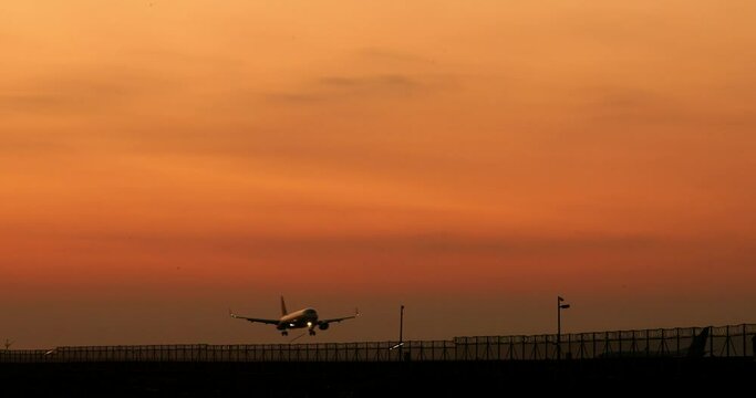 aeroplane, plane landing during dusk, sunset