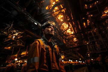 Fototapeta premium Oil Rig Worker: An oil rig worker operates heavy machinery on a remote and hazardous offshore platform.Generated with AI