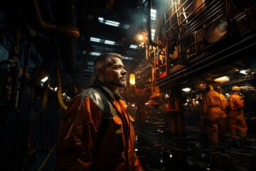 Obraz premium Oil Rig Worker: An oil rig worker operates heavy machinery on a remote and hazardous offshore platform.Generated with AI