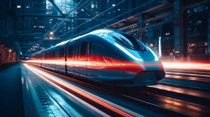 Fototapeta na wymiar A high-speed train hurtling down a modern railway track