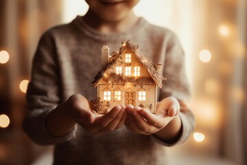 A child cradling a miniature house, embodying the aspiration for a simple, warm home ownership