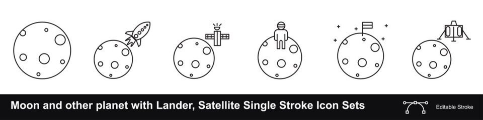 Moon and other planets with technology landers, space travel, satellite editable stroke icon sets