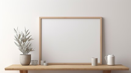 Stylish interior of living room with mock up poster frame, wooden commode, book, leaf in ceramic vase and elegant personal accessories. Minimalist concept of home decor. Template.