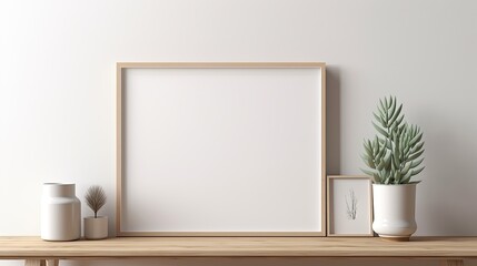 Fototapeta premium Stylish interior of living room with mock up poster frame, wooden commode, book, leaf in ceramic vase and elegant personal accessories. Minimalist concept of home decor. Template.