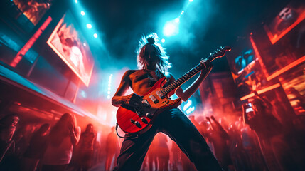 Fototapeta premium Lead Guitarist in Action. Rock Concert Performance