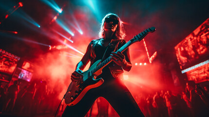 Lead Guitarist in Action. Rock Concert Performance