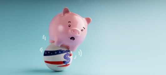 Recession Concepts. Economic Crisis in United States. a Pink Piggy Bank in Shocked Face trying to balancing body on the Shaking American US Dollars Ball